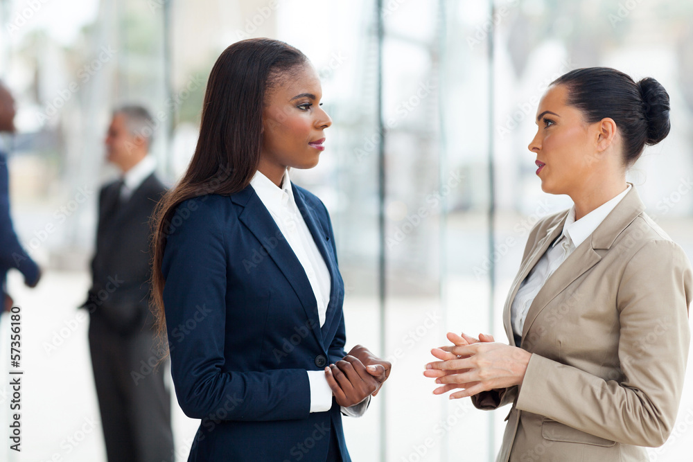 female colleagues having conversation in office female colleagues having conversation in office