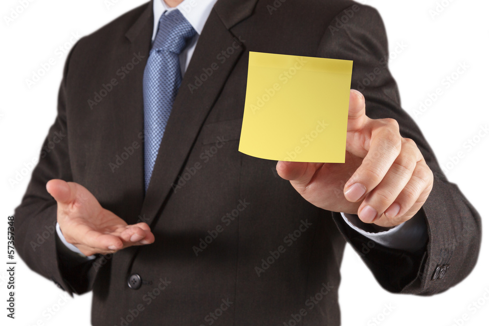 businessman hand show blank sticky note with white background as businessman hand show blank sticky note with white background as