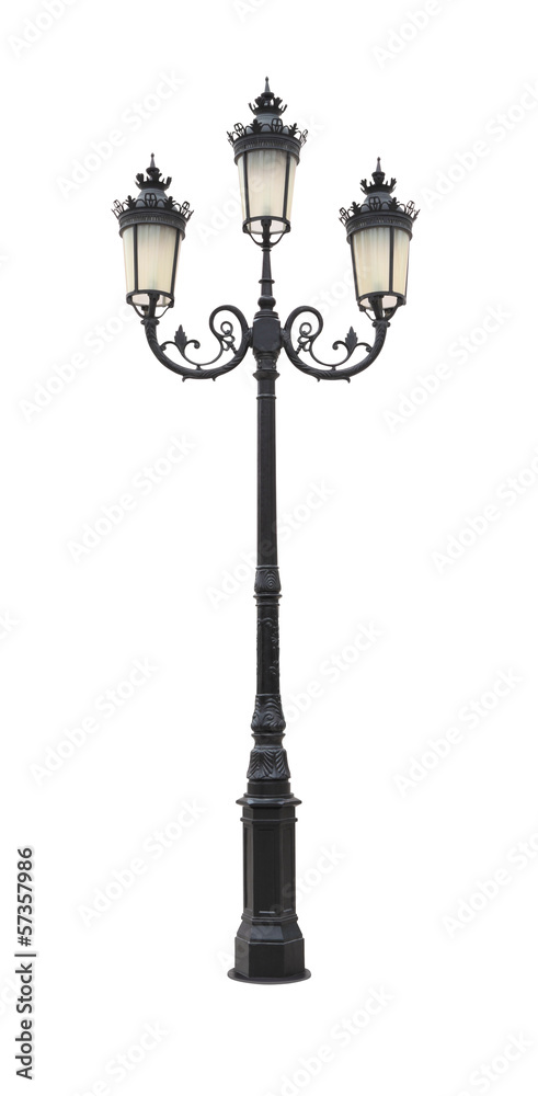 Direct black iron street lantern pole on white background.