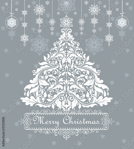 Vintage blue card with xmas tree