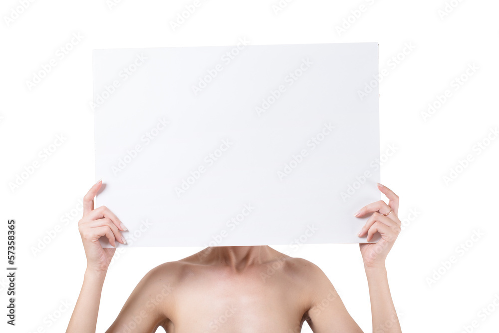 naked woman holding empty white blank board naked woman holding empty white blank board