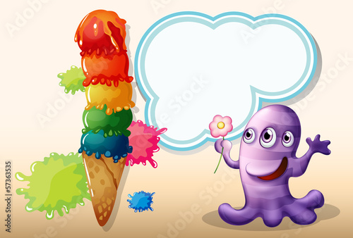 A lavender monster holding a flower near the giant icecream