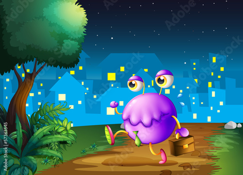 A purple monster holding a bag walking in the middle of the nigh