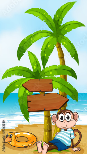 A monkey sitting below the wooden arrowboard