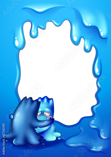 A blue border design with two monsters comforting each other