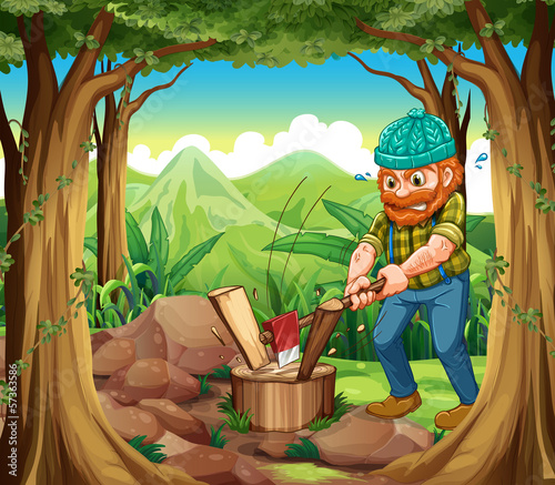 A woodman chopping the woods in the forest near the rocks