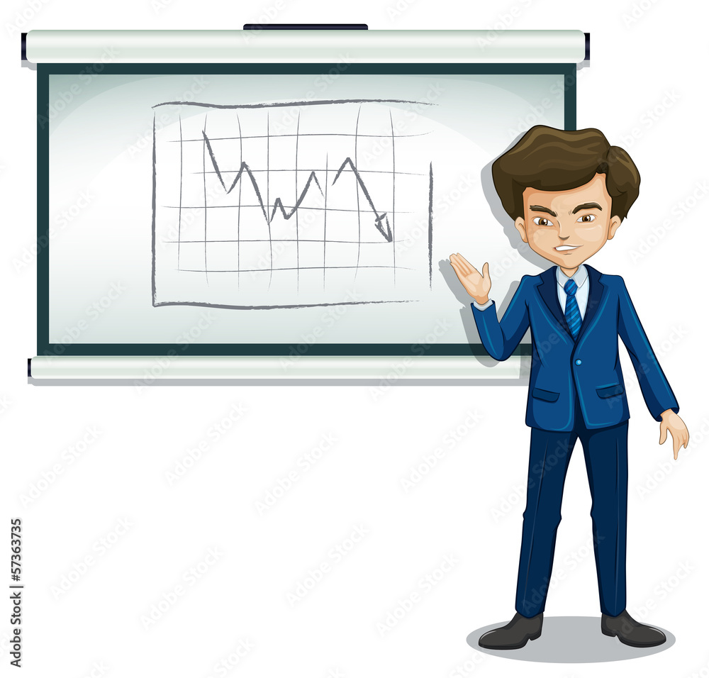 A businessman explaining the graph in the bulletin board A businessman explaining the graph in the bulletin board