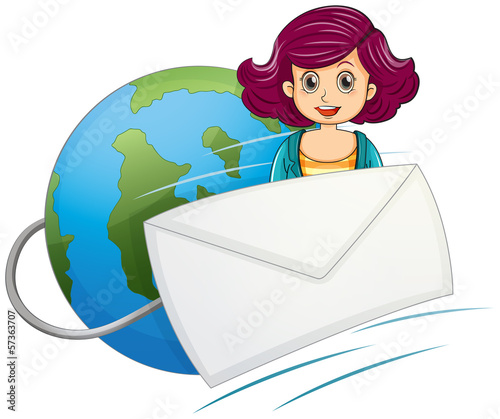 A globe with a wired envelope and a woman
