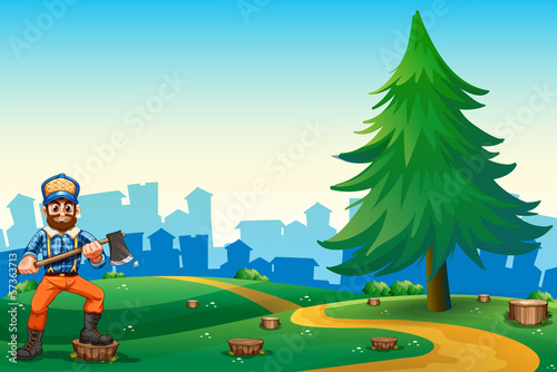 A hilltop with a hardworking woodman holding an axe