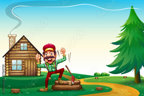 A hilltop with a happy lumberjack cheering