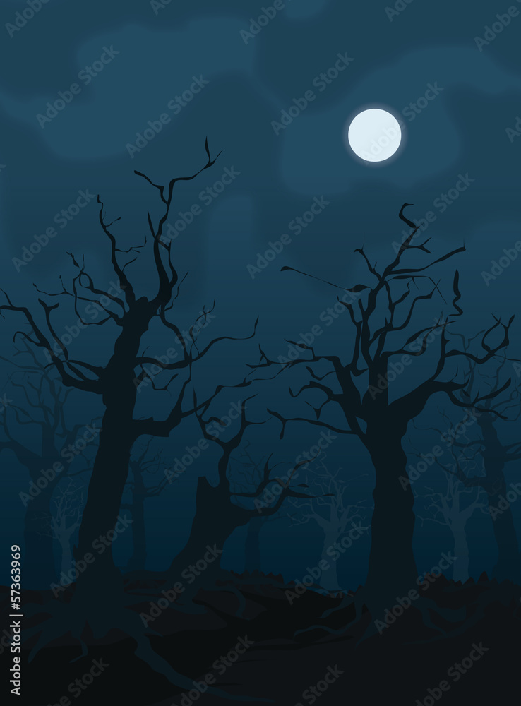 Halloween design background with spooky graveyard, naked trees, Halloween design background with spooky graveyard, naked trees,