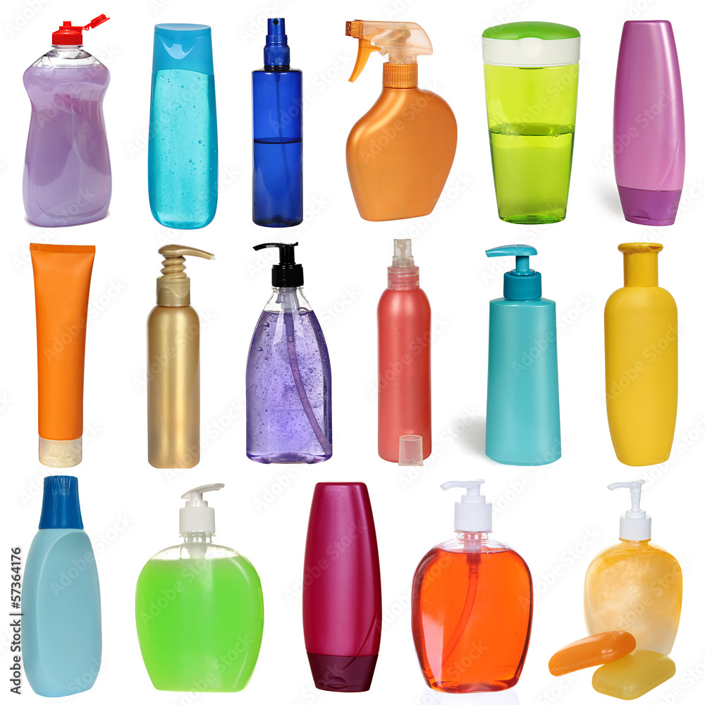 17 colored plastic bottles with liquid soap and shower gel 17 colored plastic bottles with liquid soap and shower gel