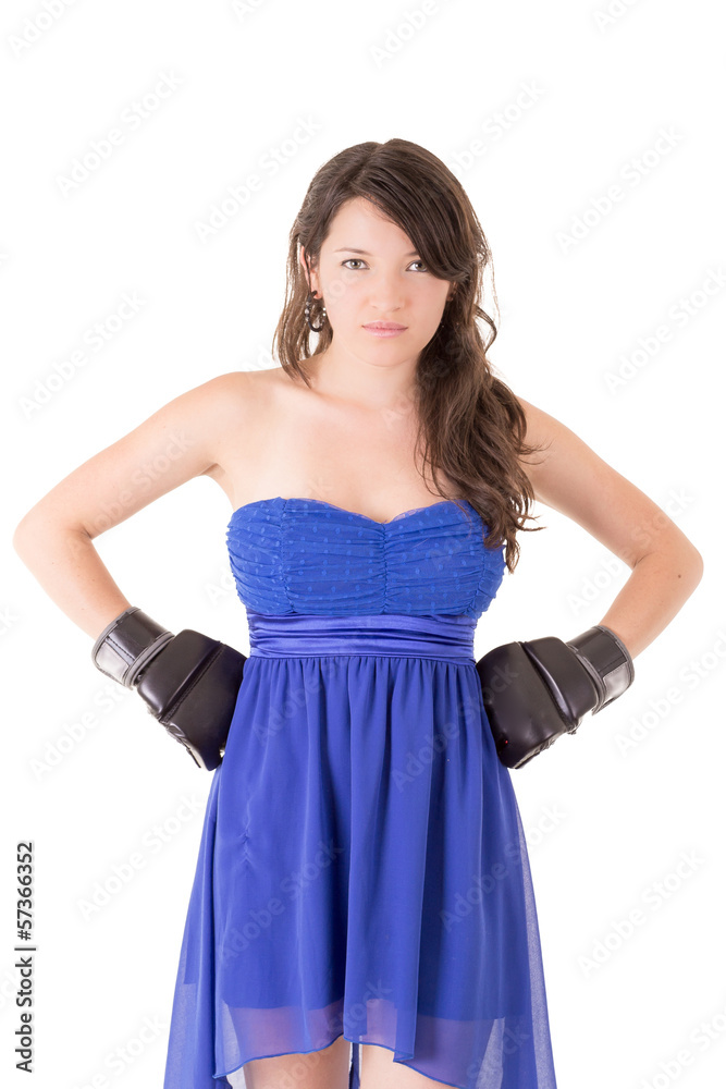 Woman in dress and boxing glove on white background, Woman in dress and boxing glove on white background,
