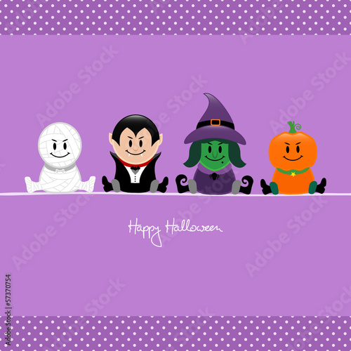 Halloween Mummy, Vampire, Witch & Pumpkin Purple Dots