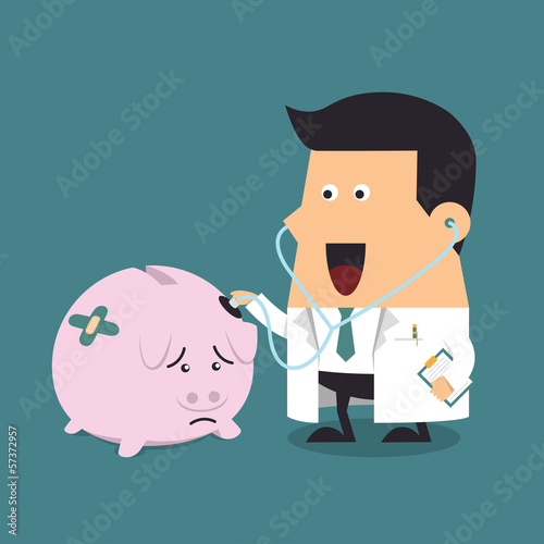 Doctor holding stethoscope to pink piggy bank, Business concept