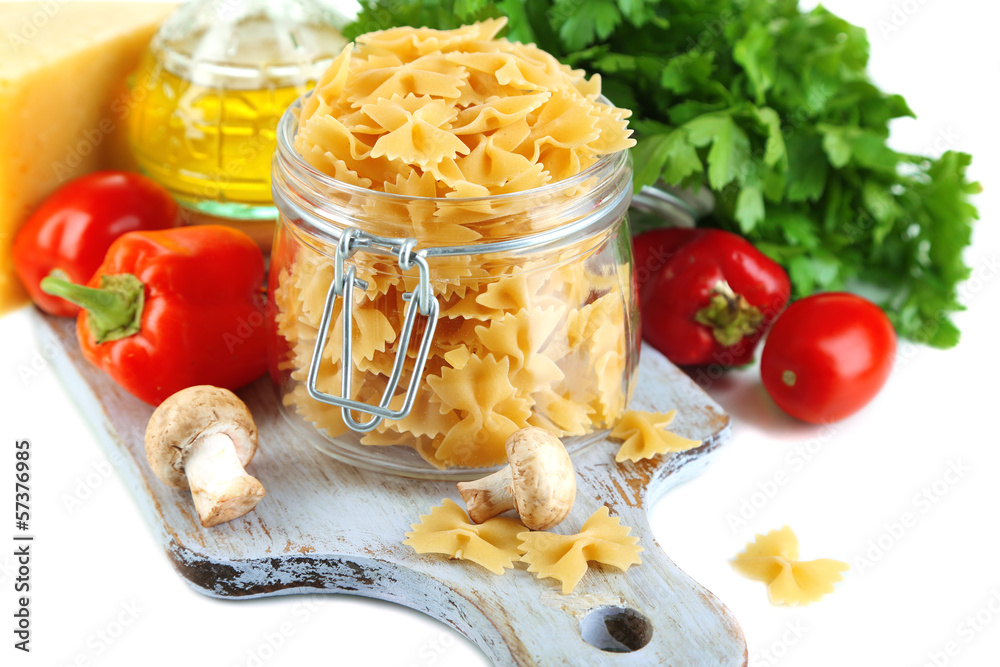Pasta with oil, cheese and vegetables isolated on white Pasta with oil, cheese and vegetables isolated on white