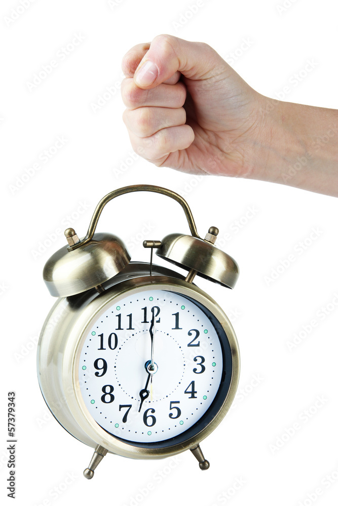Alarm clock and hand isolated on white Alarm clock and hand isolated on white