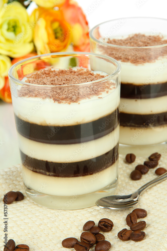 Tasty jelly coffee with milk on table on white background Tasty jelly coffee with milk on table on white background