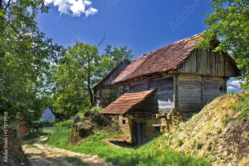 Rural village with wooden cottages