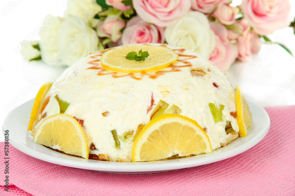 Delicious jelly cake on table close-up Delicious jelly cake on table close-up