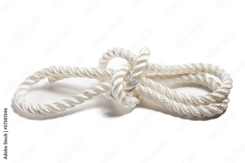 Strong nylon rope with a knot isolated on white Strong nylon rope with a knot isolated on white