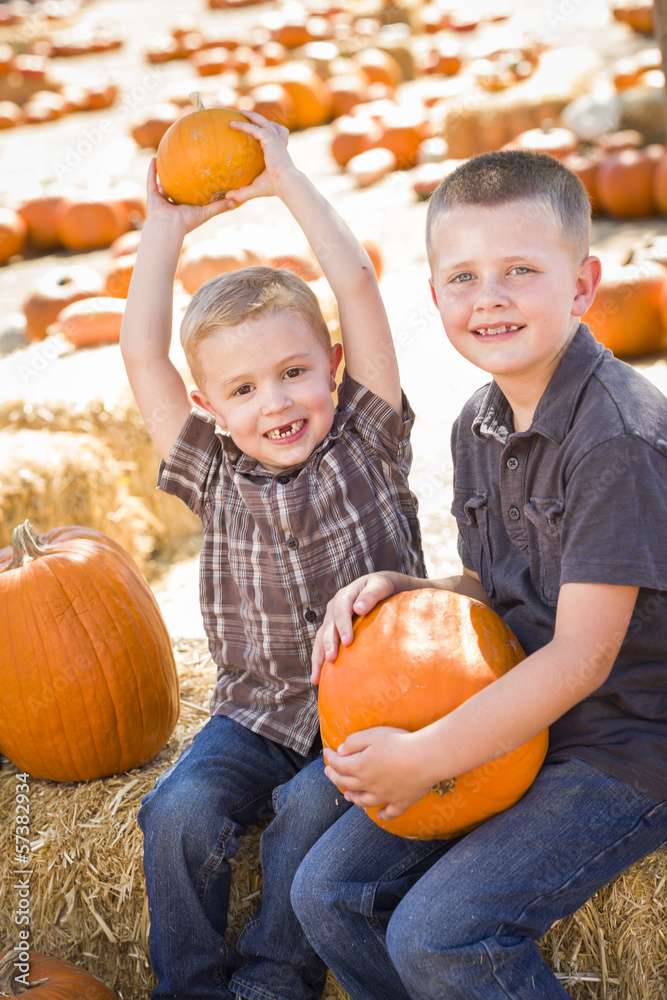 Fototapeta premium Two Boys at the Pumpkin Patch Talking and Having Fun.