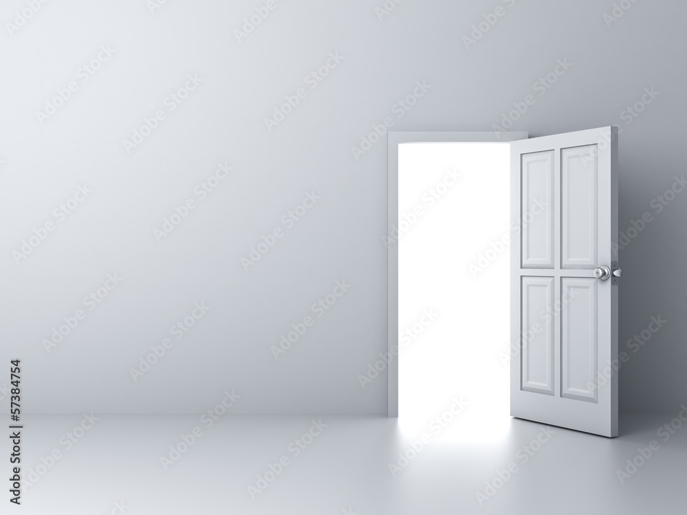 Opened door with bright light on empty white wall background Opened door with bright light on empty white wall background