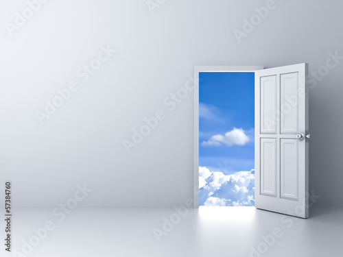 Opened door to blue sky with empty white wall background