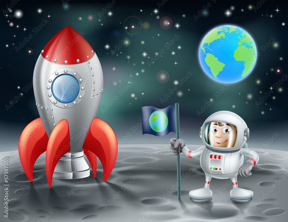 Obraz premium Cartoon astronaut and vintage space rocket on the moon