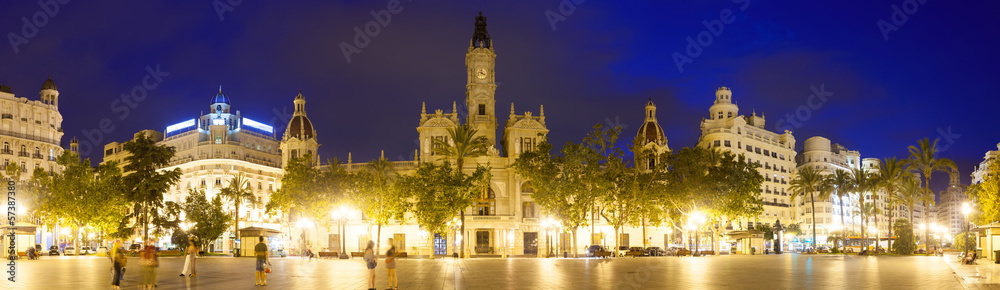 Panoramic view of City hall in evening. Valencia