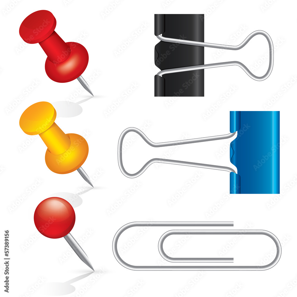 Colorful pushpin, paper clip, binder clip icon set Colorful pushpin, paper clip, binder clip icon set