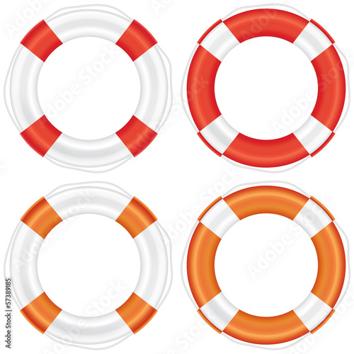 Colorful lifebuoy set with stripes and rope.