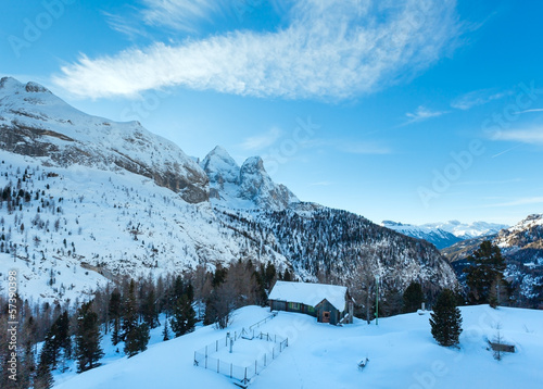 Winter view on Marmolada mountain , Italy.