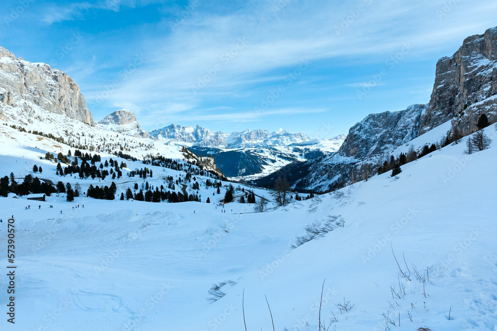 Morning winter Gardena Pass  in Dolomites of South Tyrol, Italy.