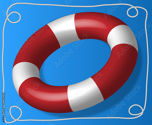 Big red lifebelt with rope border on the blue background
