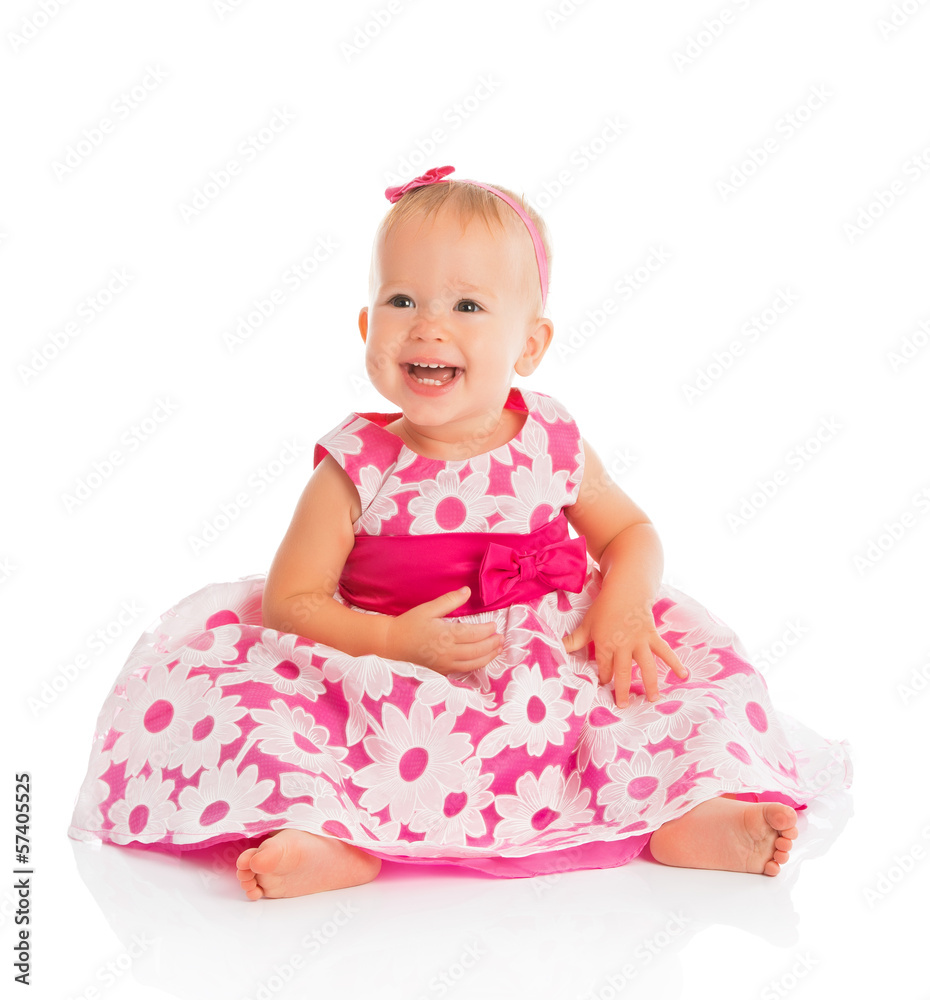 happy little baby girl in bright pink festive dress isolated happy little baby girl in bright pink festive dress isolated