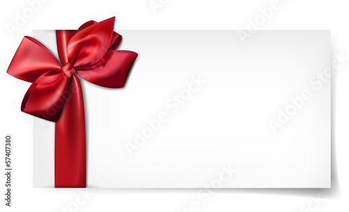 White paper card with gift red satin bow.