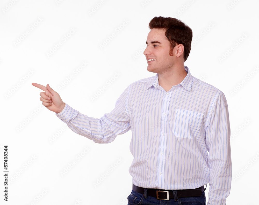 Charming man pointing to his right Charming man pointing to his right
