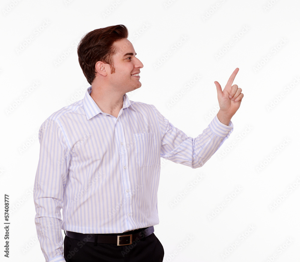 Adult caucasian male pointing to his left Adult caucasian male pointing to his left
