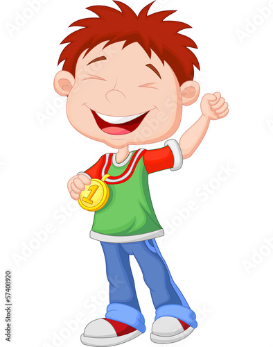 Little boy celebrates his golden medal