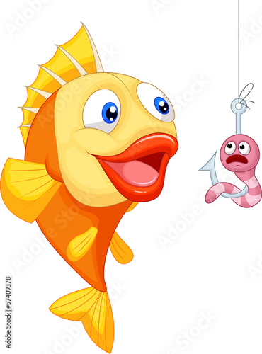 Scared worm with hungry fish