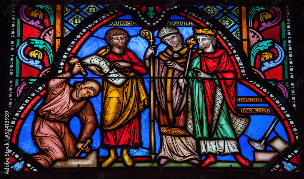 Stained glass in Brussels Cathedral, Belgium