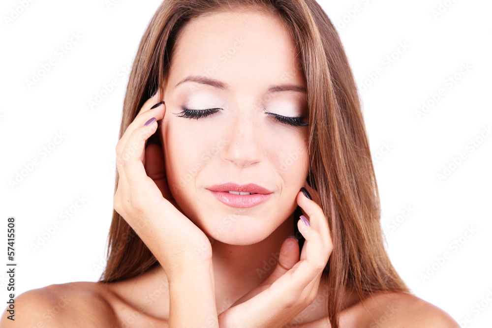Beautiful girl with gentle makeup and glowing skin close-up Beautiful girl with gentle makeup and glowing skin close-up