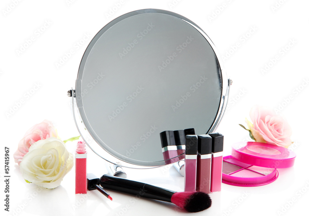 Group decorative cosmetics for makeup and mirror, isolated Group decorative cosmetics for makeup and mirror, isolated