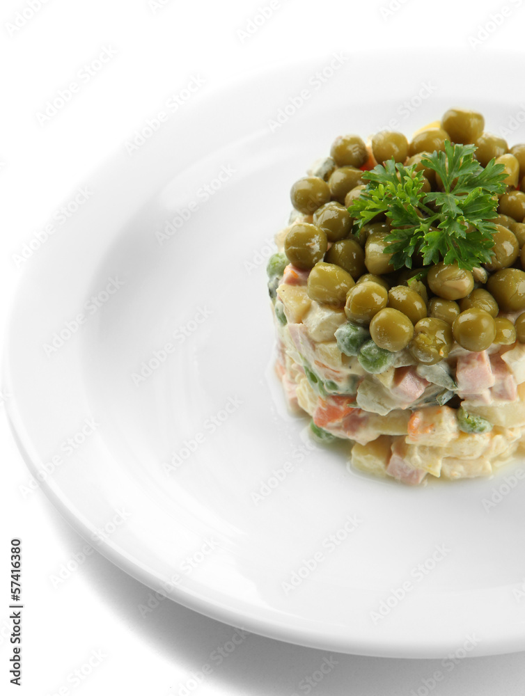 Russian traditional salad Olivier, isolated on white