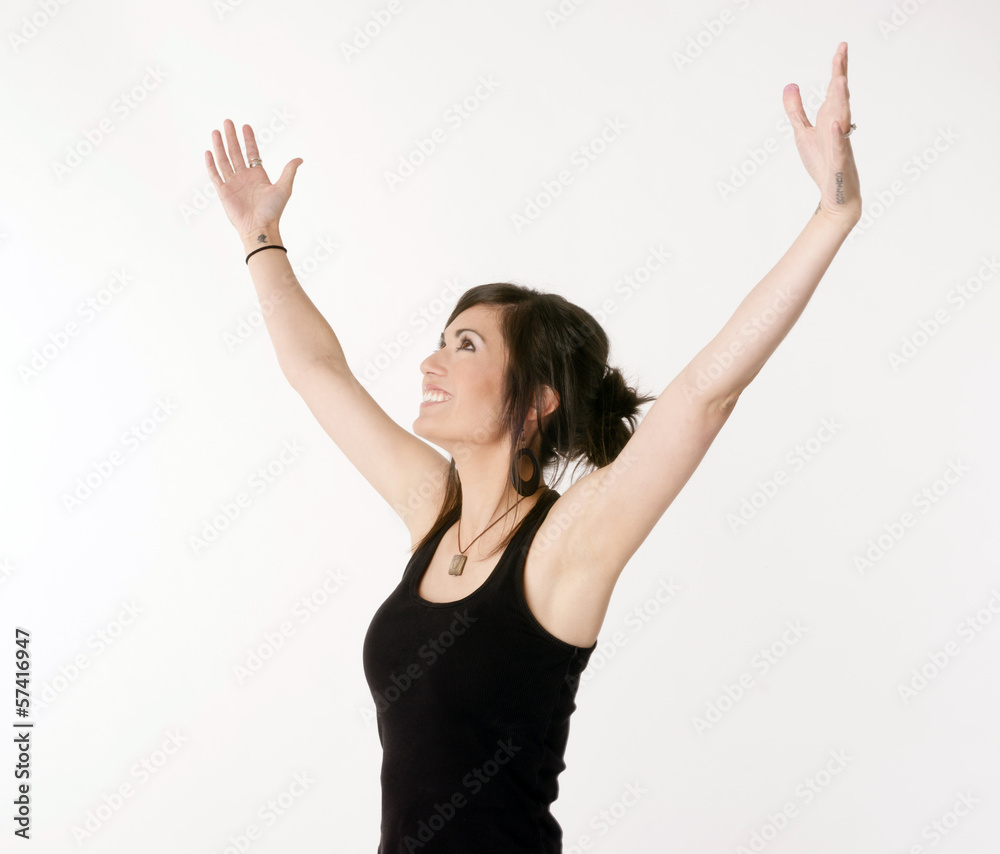 Pretty Brunette Woman Arms Outstretched Jubilant Looking Up Pretty Brunette Woman Arms Outstretched Jubilant Looking Up