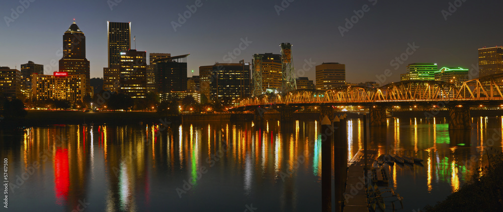 Portland Oregon skyline panorama at night.