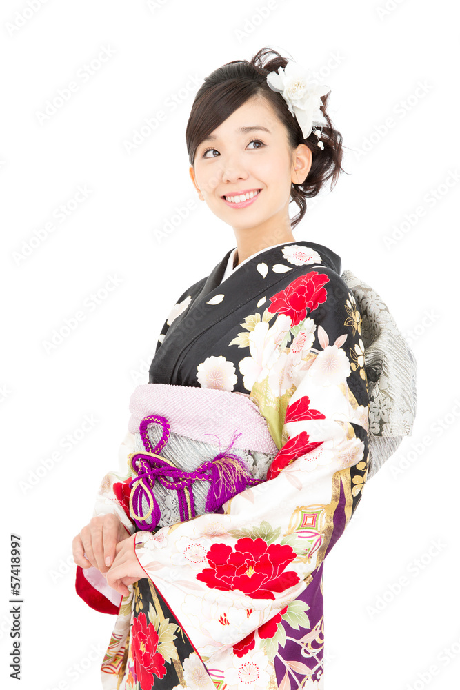 Beautiful asian kimono woman on white background Beautiful asian kimono woman on white background