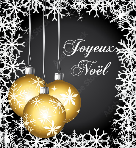 Joyeux noël ! Carte flocons et boules dorées sur fond noir.