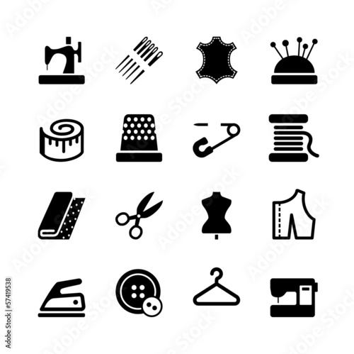 Vector sewing equipment and needlework icon set